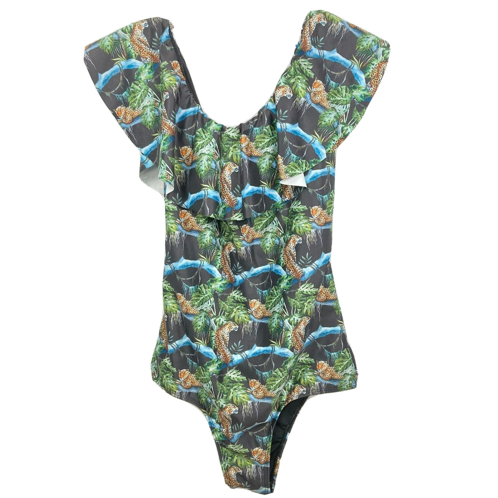 Verdelimon Swimsuit Women Sz L Green Blue One Pc Stretch Ruffle Leopard Tropical